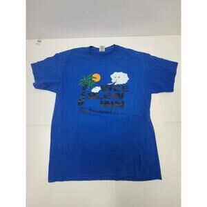 We Blew Inn Restaurant Promo Shirt Men LARGE Venice Florida Blue Short Sleeve